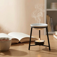 Brûleur d'huiles essentielles en fer forgé avec plateau, lampe chauffante pour la fonte de cire, porte-bougie d'aromathérapie noir