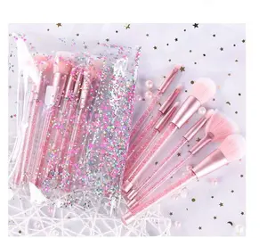 7 pcs Eyes and face powder concealer fan beauty handle brush sets pink color brush design glitter makeup brush with bag