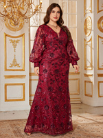 Robes de soirée de fête pour femmes grandes tailles, imprimé aléatoire, couleur bordeaux, col en V, manches longues lanternes, broderie de paillettes, taille cintrée, ourlet sirène