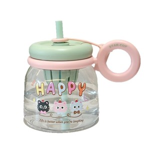 Happy Cat Pattern Plastic Water Cup With Straw And Handle For Kids And Students Back To School Use - Product Image 2