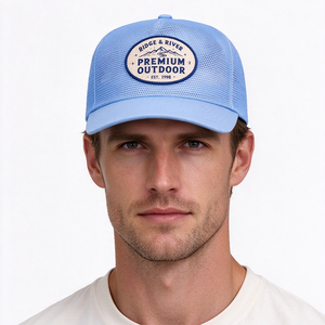Gorra Trucker de Lona Azul Claro con Malla, Logotipo Ovalado, Estructurada de 6 Paneles, Gorra de Béisbol para Exteriores, Transpirable, Casual, Unisex - Product Image 1