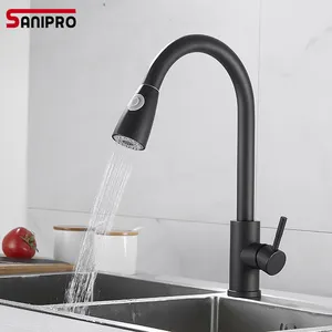 SANIPRO-manguera Flexible de un solo Mango, mezclador de agua extraíble, negro mate, frío y caliente, grifos de cocina con pulverizador