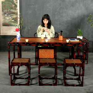Chinese Style Lacquered <b>Bamboo</b> Woven Tea Table And Chair Set 4 Piece Antique Design For Tea Room Or Dining Room - Product Image 2