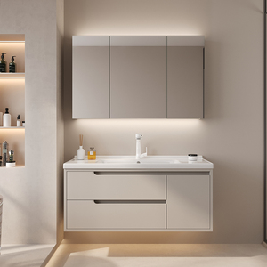 Armadietto da bagno in crema stile moderno con lavabo integrato in ceramica lavabo lacca porta pannello di trattamento superficiale per uso alberghiero - Product Image 4