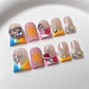 Faux ongles réutilisables créatifs à motif <span class=keywords><strong>dessin</strong></span>é à la main, design mignon et original 'Bec de Canard', faits main, à presser, de haute qualité, avec diamants décoratifs - Product Image 4