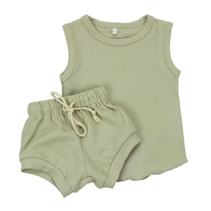 Conjuntos de Ropa de Verano para Niños al por Mayor, Conjunto de Chaleco sin Mangas de Punto Waffle y Pantalones Cortos con Cordón para Bebés - Product Image 1