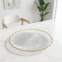 Assiette de présentation ronde transparente en verre à bord ondulé doré, vaisselle décorative pour banquets, mariages, fêtes et usage domestique