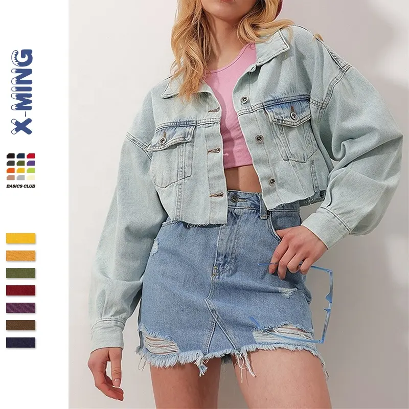 Vente en gros Veste en jean courte personnalisée à bord brut pour femmes vêtements d'extérieur pour femmes vestes en jean en denim pour femmes avec double poche à rabat