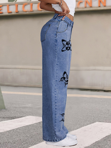 MH310 Jeans à jambe large imprimé papillon style américain streetwear pour femme, taille haute, coupe droite ample, style Old Spice Girl - Product Image 3