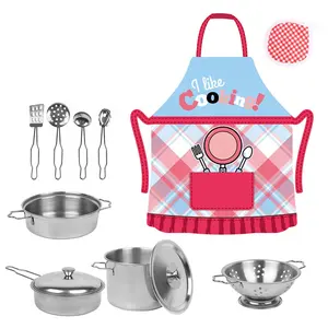 Mainan dapur anak, celemek stainless steel peralatan makan, set alat memasak, mainan dapur untuk anak-anak