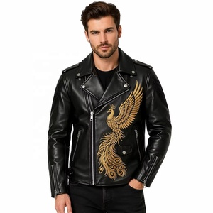 Chaqueta de cuero genuino de vaca de primera calidad Phoenix para hombre, estilo motero, con bordado liso, costuras planas, artesanal, para moto - Product Image 1