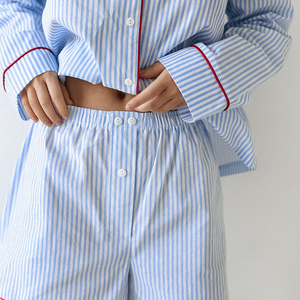 Conjunto de Pijama de Algodón <span class=keywords><strong>para</strong></span> Mujer, Estampado a Rayas, 100% Algodón, Ropa de <span class=keywords><strong>Dormir</strong></span> Informal de Verano, Tallas Grandes - Product Image 4