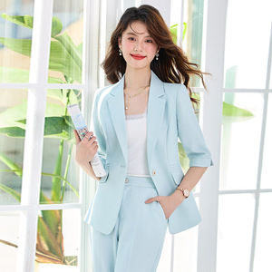 Women's Suit Set Three Quarter Sleeve Satin Breathable Office Lady Commute Work Interview Blue Beige - Product Image 3
