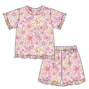 GSSO3323 Ensemble d'été personnalisé pour petite fille, imprimé fleurs bleues, tenue d'été pour enfants, vente en gros, ensemble short et manches courtes pour fille - Product Image 6