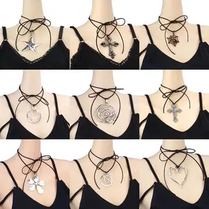 fashion exaggerated diamond cross necklace women collar choker heart flower pendant necklace set for women