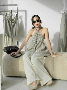 Conjunto de Top Halter con Lazo y Pantalones de Pierna Ancha, Largo, Liso/Con Estampado de Puntos, Transpirable, Elegante, Corte Regular, Servicio OEM - Product Image 6