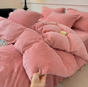Yongho ấm áp màu hồng Jacquard flannel mềm lông cừu dày mùa đông sữa nhung 4 mảnh trang bị tấm chăn Ga Trải Giường 4 chiếc - Product Image 1