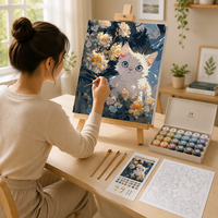Kit de peinture par numéros Chat blanc et fleurs Peinture acrylique DIY pour adultes débutants Encadré avec 24 couleurs Pinceaux 40x50cm