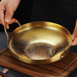 Poêle à <span class=keywords><strong>paella</strong></span> coréenne en acier inoxydable à double oreille pour fruits de mer secs et ramen avec ustensiles de cuisine en métal doré et argent - Product Image 6