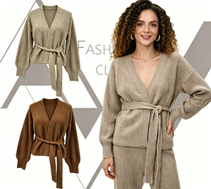 <span class=keywords><strong>Cardigan</strong></span> en tricot à col en V pour <span class=keywords><strong>femme</strong></span> avec ceinture, pull enveloppant doux et chaud en maille côtelée taupe à manches longues lanternes pour l'hiver - Product Image 1