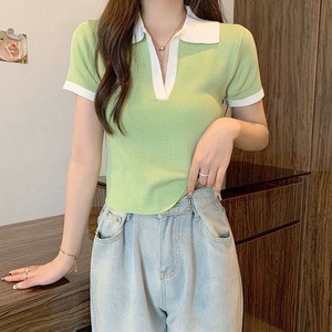 T-shirt d'été en tricot à manches courtes pour <span class=keywords><strong>femme</strong></span>, col en V, vente en gros d'usine, pour filles - Product Image 6