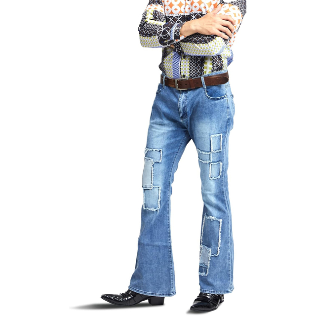 Patchwork Mid Rise Disco Flared Jeans Denim Cotton Vintage Man Pants Blue Long Wide 70s Outfits Party Holiday Retro Men Jeans