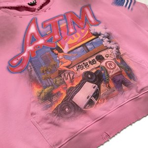 Sweat à capuche oversize rose vif pour homme avec imprimé ATM sur le devant, style streetwear, design vieilli, effet délavé et orné de clous - Product Image 4
