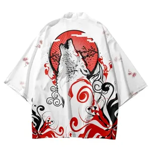 Kimono samurái con estampado de lobo a la moda japonesa, cárdigan de playa informal de verano, Yukata blanca, Cosplay para hombres y mujeres, Tops <span class=keywords><strong>Haori</strong></span>, ropa asiática - Product Image 1