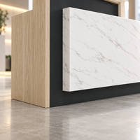 Bureau d'accueil d'entreprise moderne avec panneau frontal aspect marbre blanc et base foncée, mobilier de hall commercial pour usage de bureau moderne