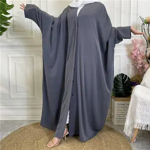 Muslim Eid Button Open Abaya Dubai Butterfly Turkish Kaftan Islamic Clothing Kimono Front Open Nida Abaya With Side Pockets