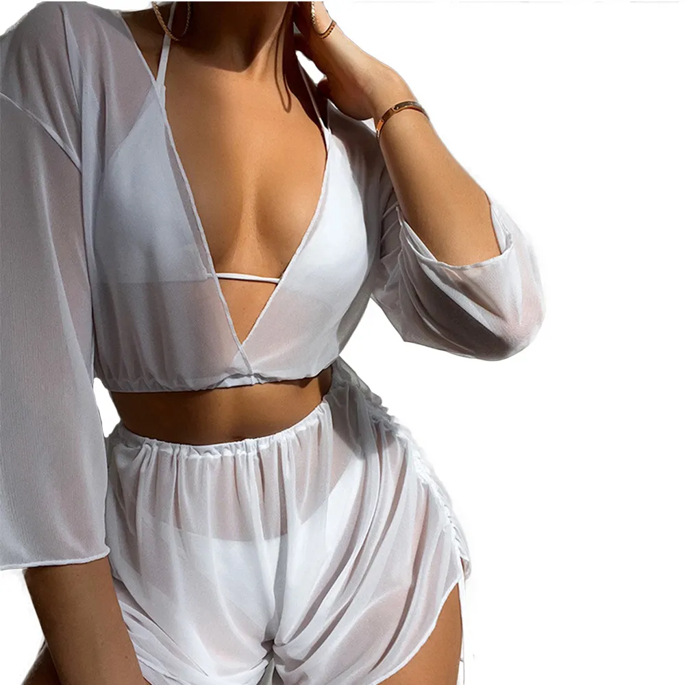 Đồ Bơi Nữ FS Bộ Bikini Gợi Cảm Với Cover Up White Gạc Trong Suốt Deep V Tay Áo Ngắn Dây Quần Short Bộ Đồ Tắm Hai Mảnh