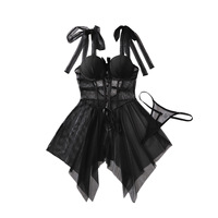 Ensemble de lingerie sexy en maille transparente, robe corset à ourlet asymétrique, laçage frontal, bretelles à nouer, string, 2 pièces, lingerie intime