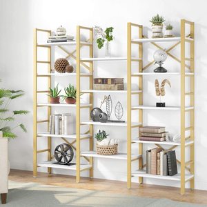 Libreria a 5 Ripiani Triple Wide in Oro e Bianco, Stile Industriale, Scaffali in Legno e Metallo, Mobili per Libreria - Product Image 1