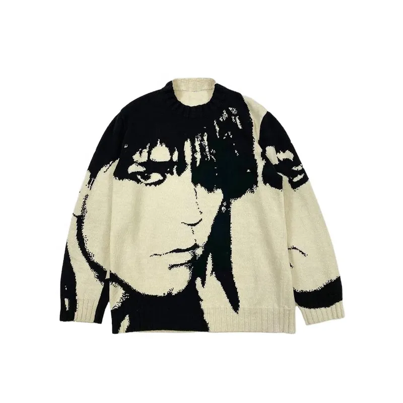 FYB custom Japanese vintage street portrait jacquard printed knitted men's sweaters crew neck knitwear men