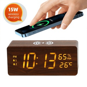 Reloj de Mesa de Madera con Carga Inalámbrica Rápida para Decoración del Hogar, con Doble <span class=keywords><strong>Alarma</strong></span>, Volumen Ajustable, Brillo, Temperatura y Humedad - Product Image 1
