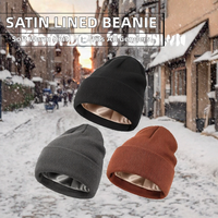 Bonnet d'hiver unisexe en acrylique doux et chaud, à revers, avec doublure en satin et impression personnalisée à l'image dessinée à la main, style puff print, modèle courant