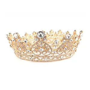 Полностью круглая корона королевы с кристаллами, Золотая тиара со стразами для невесты, повязка на голову, свадебное украшение для волос на выпускной