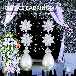 Pendientes de gota de perla largos elegantes con racimo de piedra de Zirconia cúbica accesorio de joyería de desfile de boda elegante para mujer - Product Image 4