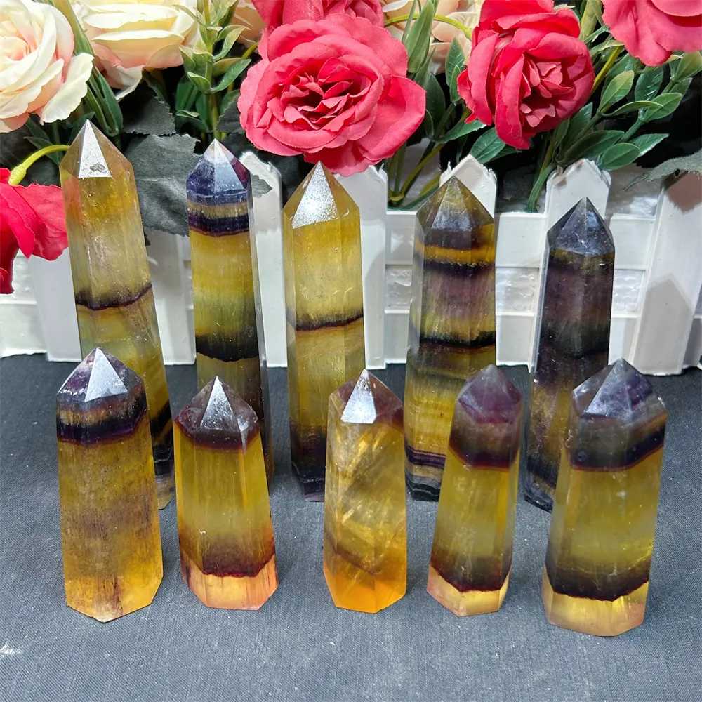 Wholesale Bulk natural Crystal Tower Crafts Fengshui meditation Healing Stone Yellow Fluorite Point For Decoration