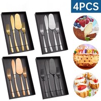 Premium gekleurde roestvrijstalen cake-schepsets met vierkante handgrepen voor bruiloften, feesten en bakkerijen.