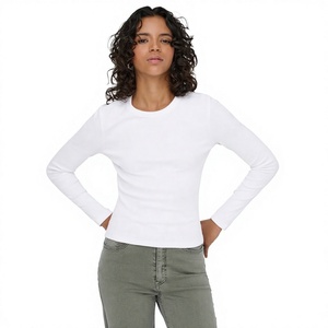 T-shirt à manches longues pour femme, col rond, blanc, coupe ajustée, en coton tricoté, haut décontracté, à porter en toutes saisons - Product Image 4