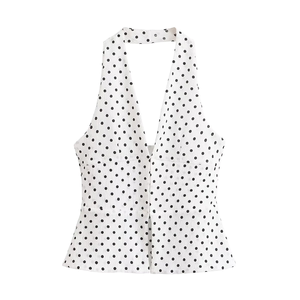 Top Halter con Cuello en V y Estampado de Puntos Vintage para Mujer, Primavera-Verano 2026, Corte Ajustado, Transpirable, Fabricante OEM - Product Image 1