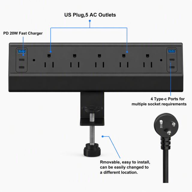 USA Plug Fast Charging Table Clamp Extension Socket Removeable Power Strip with USB C Multiple Outlets Electrical Item for Desk