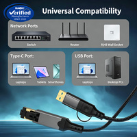 Kabel Ethernet Gigabit RJ45 2 in 1 USB C dan USB A 1000Mbps, Adaptor Jaringan LAN Terjalin untuk Laptop, Tablet, dan PC