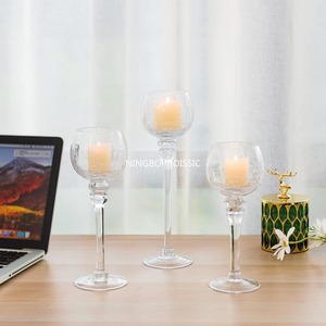 Set of 3 <b>Tall</b> Glass Pillar <b>Candle</b> <b>Holders</b>-Clear Crackle Mercury Glass - Product Image 3