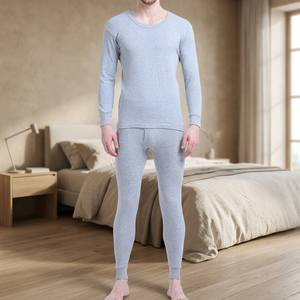 Conjunto de Ropa Interior Térmica Larga para Hombre FOXA, 100% Algodón, Cuello Redondo, Parte Superior e Inferior, Capa Base de Color Sólido, 2 Piezas, Manga Larga, para Clima Frío - Product Image 3