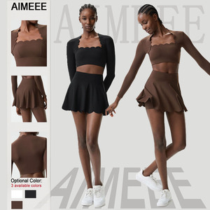 Abbigliamento Fitness, Top Corto a Maniche Lunghe con Scollo Ondulato per Donne, Abbigliamento Sportivo, Magliette Sportive, Gonna da Tennis, Completo Tuta da Donna - Product Image 1