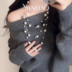 Collana lunga a strati di perle bianche a più strati stile coreano catena di felpe a catena maglione da donna - Product Image 4