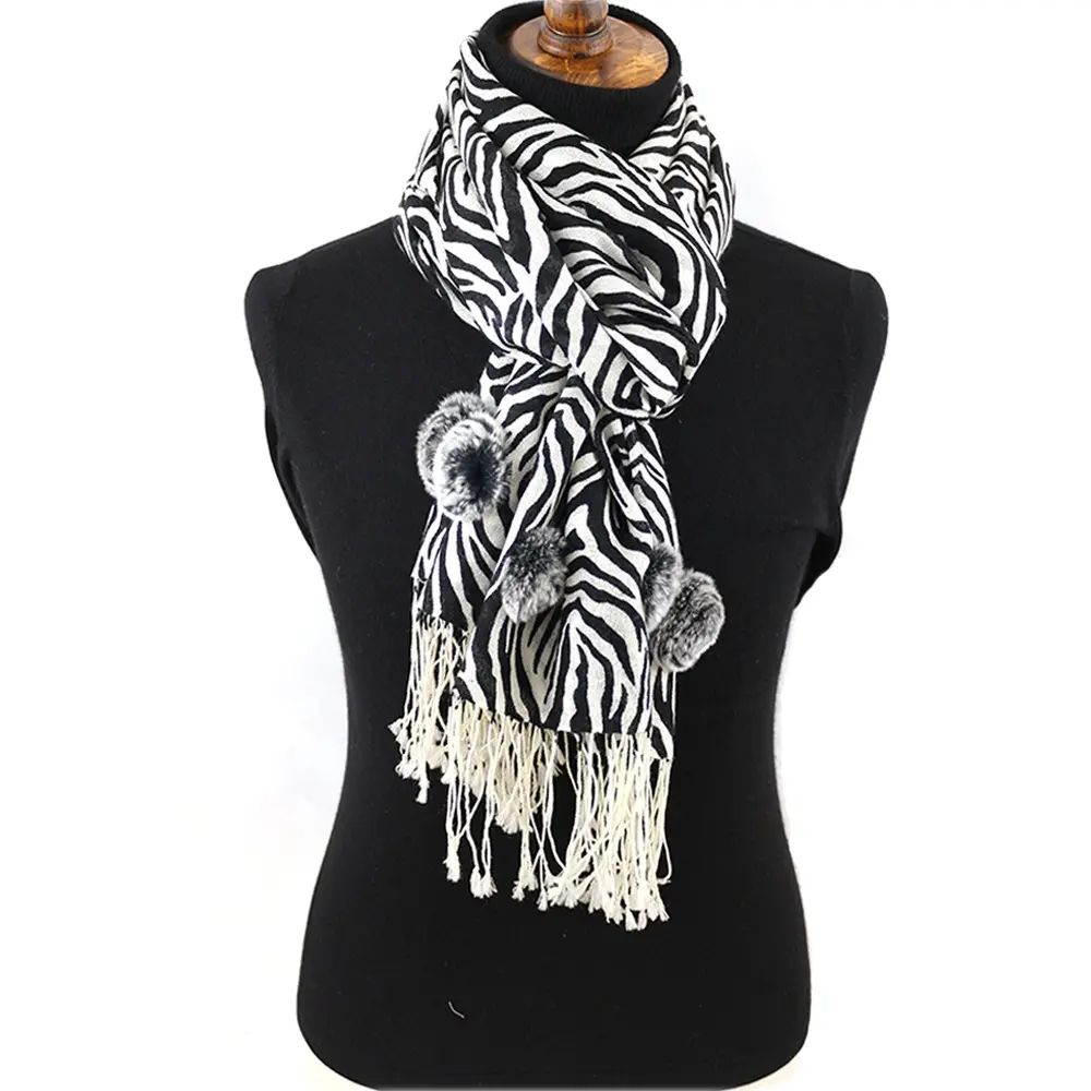 Lady Animal Print Scarves With Rabbit Fur Ball 100% Wool Women Pom Zebra Scarf Tassel Fringe Black White Pashmina Printed Scarf