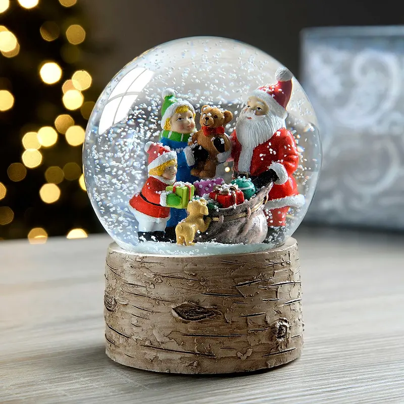 Декоративные изделия из смолы ручной работы, снежные шары, стекло, Санта, дети и щенок с березовой базой, Рождественский снежный шар